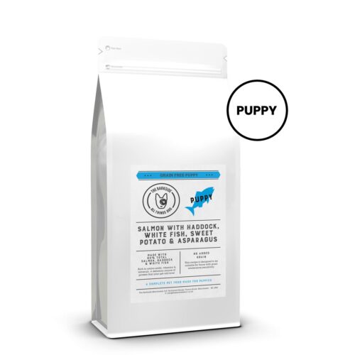 THE BARKSIDE, SALMON WITH HADDOCK, WHITE FISH, SWEET POTATO & ASPARAGUS PUPPY FOOD